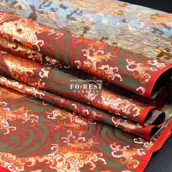 Gold Brocade - Fire Japanese style KINRAN fabric RedMoss- 25cm