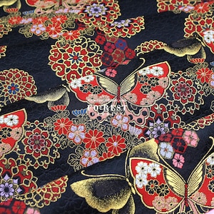 Gold Brocade - Butterfly Japanese style KINRAN fabric BlackRED - 25cm