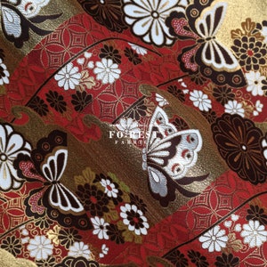 Gold Brocade - Butterfly Japanese style KINRAN fabric BlackRed - 25cm