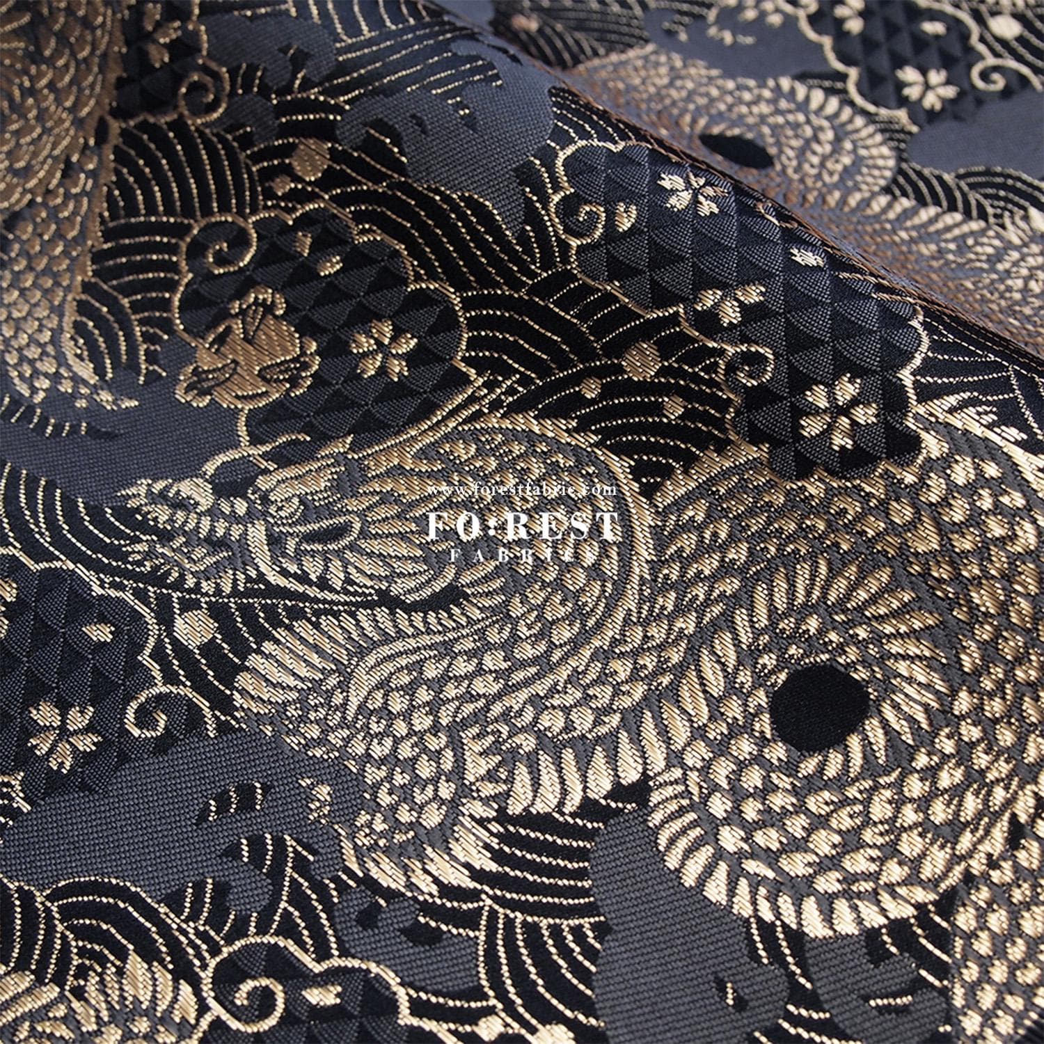 Gold Brocade - Dragon Japanese Style KINRAN Fabric Black Gray Gold