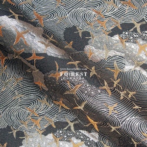 Gold Brocade - Stork Sky Crane Japanese style KINRAN fabric DARKE GRAY- 25cm