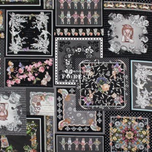 Könnte beinhalten: Schwarz-weißes Stoffmuster mit sich wiederholenden Quadraten. Jedes Quadrat zeigt ein anderes Design, darunter Blumenmotive, Hasen und Kinder. Der Stoff hat eine Vintage-Ästhetik und ist perfekt für Bastelprojekte.
