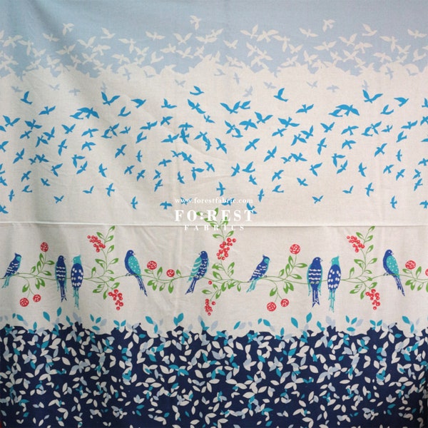 Echino - cotton linen - birdsong on the ball flower tree Japanese Fabric Navy - 50cm