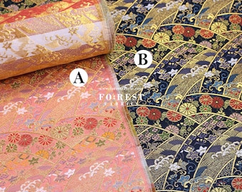 Gold Brocade - Wave Flower Japanese style KINRAN fabric Navy - 25cm