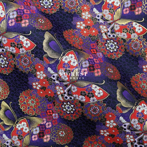 Gold Brocade - Butterfly Japanese style KINRAN fabric PurpleRED - 25cm