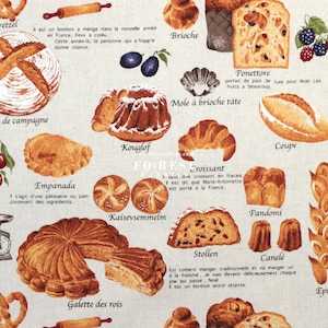 May include: A colorful illustration of various French pastries, including a croissant, brioche, kouglof, stollen, galette des rois, and more. The illustration is on a beige background with text in French describing each pastry.