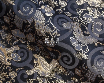 Gold Brocade - Dragon Tiger Japanese style KINRAN fabric - Black Gloden 25cm