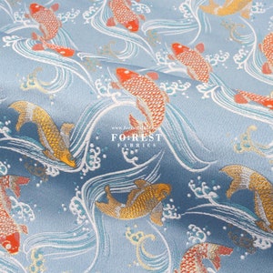 Gold Brokat - Koi im japanischen Stil KINRAN Stoff BLAU - 25 cm