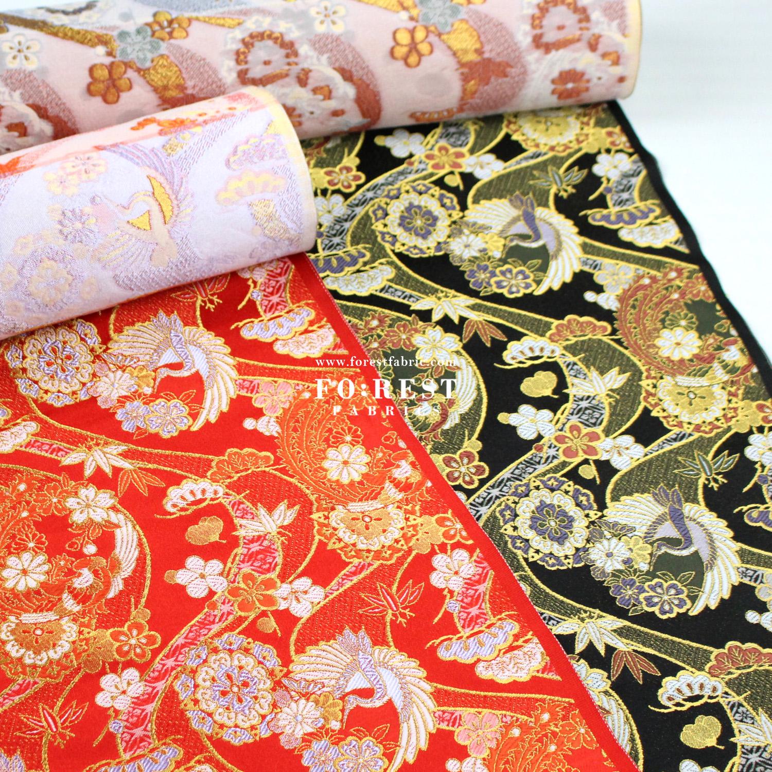 Gold Brocade - Crane Sakura River Japanese Style KINRAN Fabric