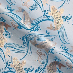 Gold Brocade - Koi Japanese style KINRAN fabric LIGHT BLUE - 25cm