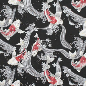 cotton - Koi Fuji mountain with metallic Japanese Style fabric Black - 50cm