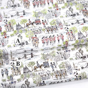 May include: White fabric with a repeating pattern of black and white illustrations of London landmarks, including Big Ben, the London Eye, and red double-decker buses. The fabric also features illustrations of people in red uniforms and horses.