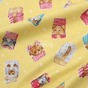 cotton linen - hello from present cats fabric YELLOW - 50cm