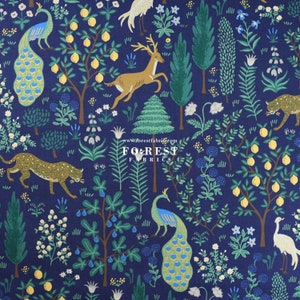 Linen Canvas - Rifle Paper Co Camont Menagerie - Navy Metallic fabric - 50cm