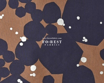 May include: A navy blue fabric with a brown and white geometric pattern. The fabric has a subtle texture and a modern design. The text "FOREST FABRICS" is printed in white on the fabric.