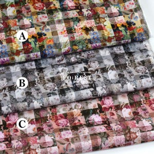 May include: Three fabric swatches with floral patchwork designs. The top swatch has a mix of colourful flowers, the middle one is in grayscale, and the bottom one features pink and burgundy blooms. The fabric is likely cotton or linen.