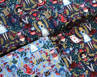 May include: A fabric featuring a repeating pattern of Alice in Wonderland characters including Alice, the White Rabbit, the Queen of Hearts, and playing cards, interspersed with teacups, teapots, and floral elements on dark blue and light blue backgrounds.