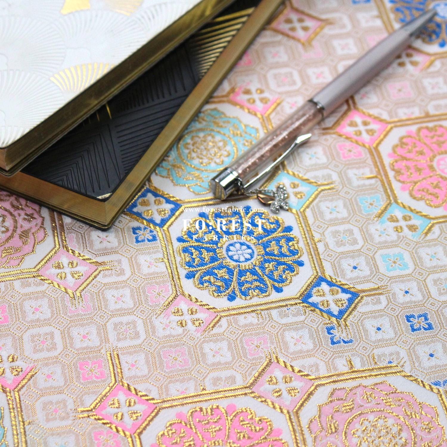 Gold Brocade - Octagon Flower Japanese Style KINRAN Fabric Snow