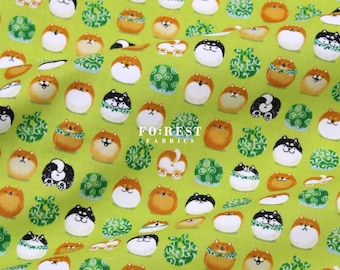 Tela de algodón con estampado de perros Shiba Inu estilo japonés color lima - 50cm