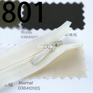 May include: Close-up of an off-white zipper with a matching pull tab, partially open. The zipper is set against a backdrop of fabric swatches in olive green and beige. The number "801" is printed in large black font.