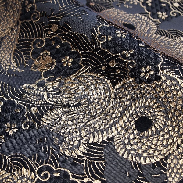 Gold Brocade - Dragon Japanese style KINRAN fabric - Black 25cm