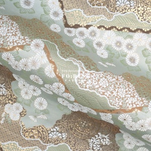 Gold Brokat - Chrysantheme Blume im japanischen Stil KINRAN Stoff Hellgrün - 25 cm