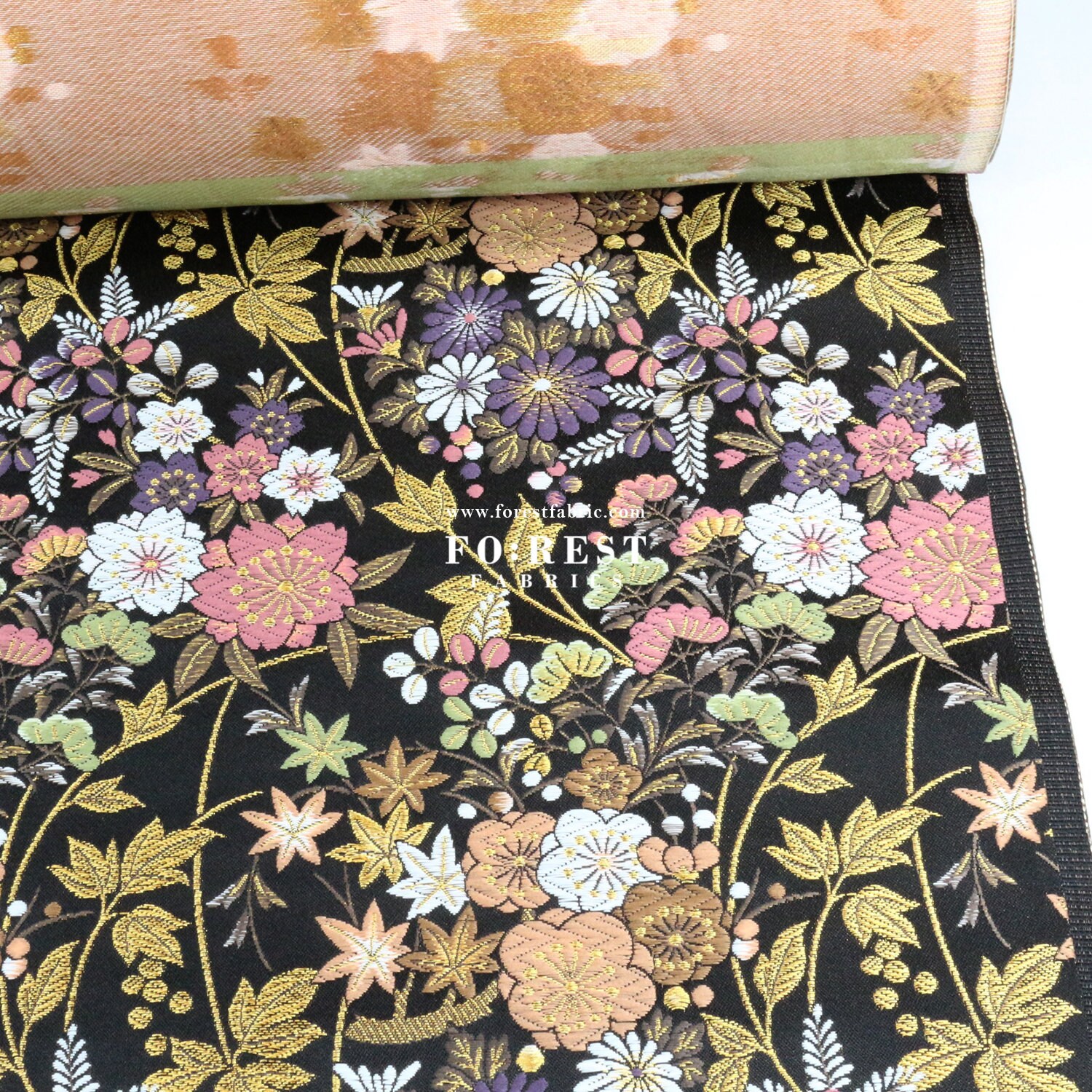 Gold Brocade - Wild  flower Japanese style KINRAN fabric Black - 25cm