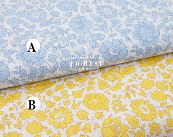 May include: Two fabric swatches with a floral pattern. The top swatch is light blue with a white background. The bottom swatch is yellow with a white background. The text "FOREST FABRICS" is visible on the top swatch.