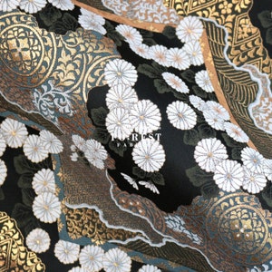 Gold Brocade - Chrysanthemum flower Japanese style KINRAN fabric BLACK - 25cm