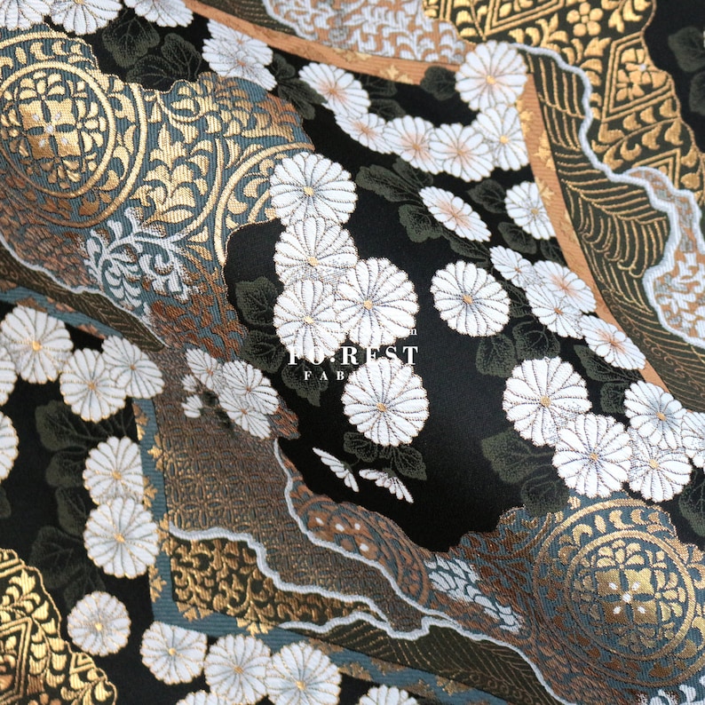 Broccato d'oro Tessuto KINRAN in stile giapponese con fiori di crisantemo NERO 25 cm immagine 1