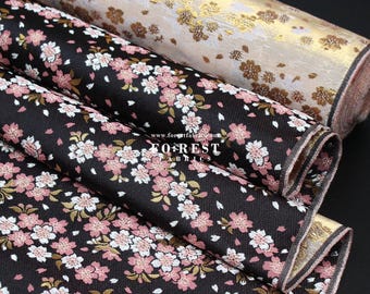 Gold Brocade - Flowing Sakura flower Japanese style KINRAN fabric Black - 25cm