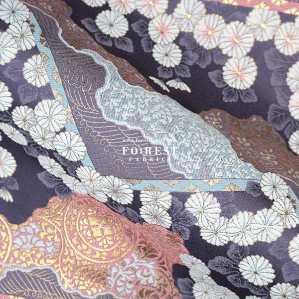 Gold Brokat - Chrysantheme Blume im japanischen Stil KINRAN Stoff Dark Purple - 25 cm