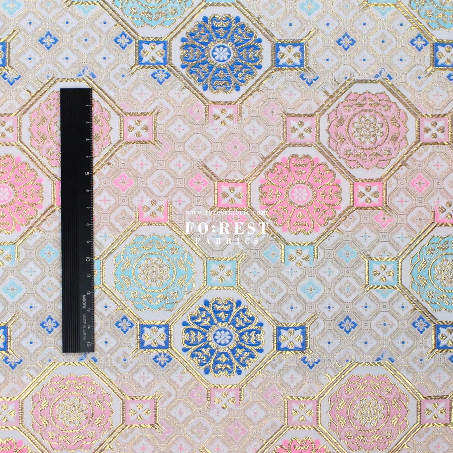 Gold Brocade - Octagon Flower Japanese Style KINRAN Fabric Snow