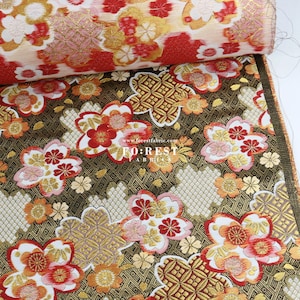 Gold Brocade - Sakura flower Japanese style KINRAN fabric Black - 25cm