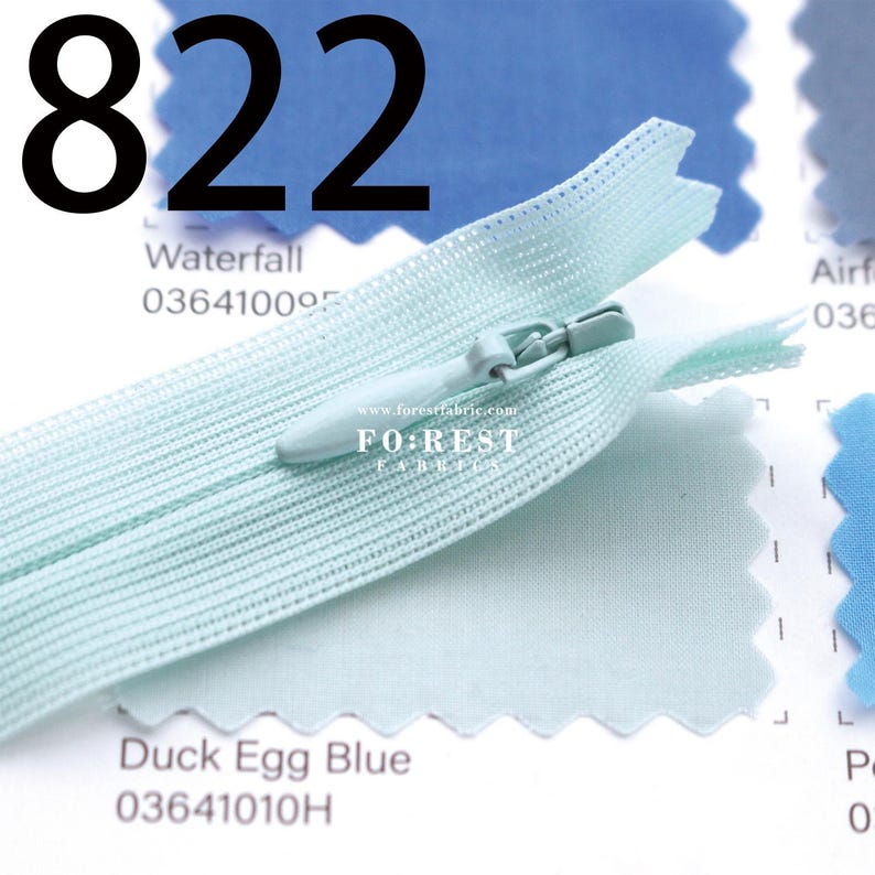 May include: A close-up of a light blue zipper with a matching fabric swatch. The zipper is open, revealing the teeth and slider. The text "822" is at the top, with "Waterfall" and "Duck Egg Blue" below. The website "www.forestfabric.com" is also visible.