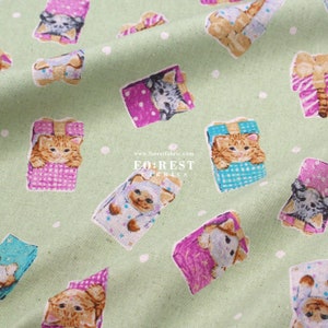 cotton linen - hello from present cats fabric GREEN - 50cm
