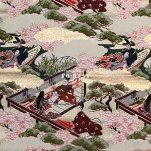 May include: A colorful fabric with a repeating pattern of Japanese people in traditional clothing. The fabric features a gold background with pink flowers, green trees, and blue water. The text "FOREST FABRIC" is visible in the center of the image.