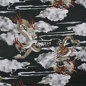 cotton - Dragon with metallic Japanese Style fabric Black - 50cm