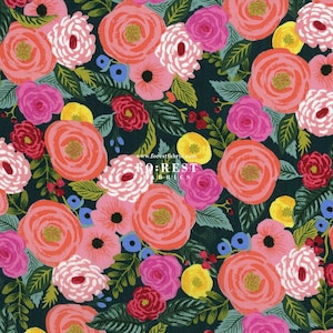 Tela di cotone e lino - Rifle Paper Co Tessuto di cotone e acciaio - Tessuto Juliet Rose Blu navy - 50 cm