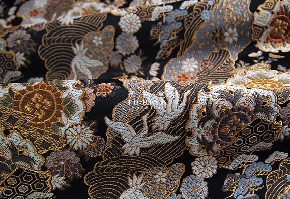 Gold Brocade Crane Sakura Japanese Style KINRAN Fabric - Etsy