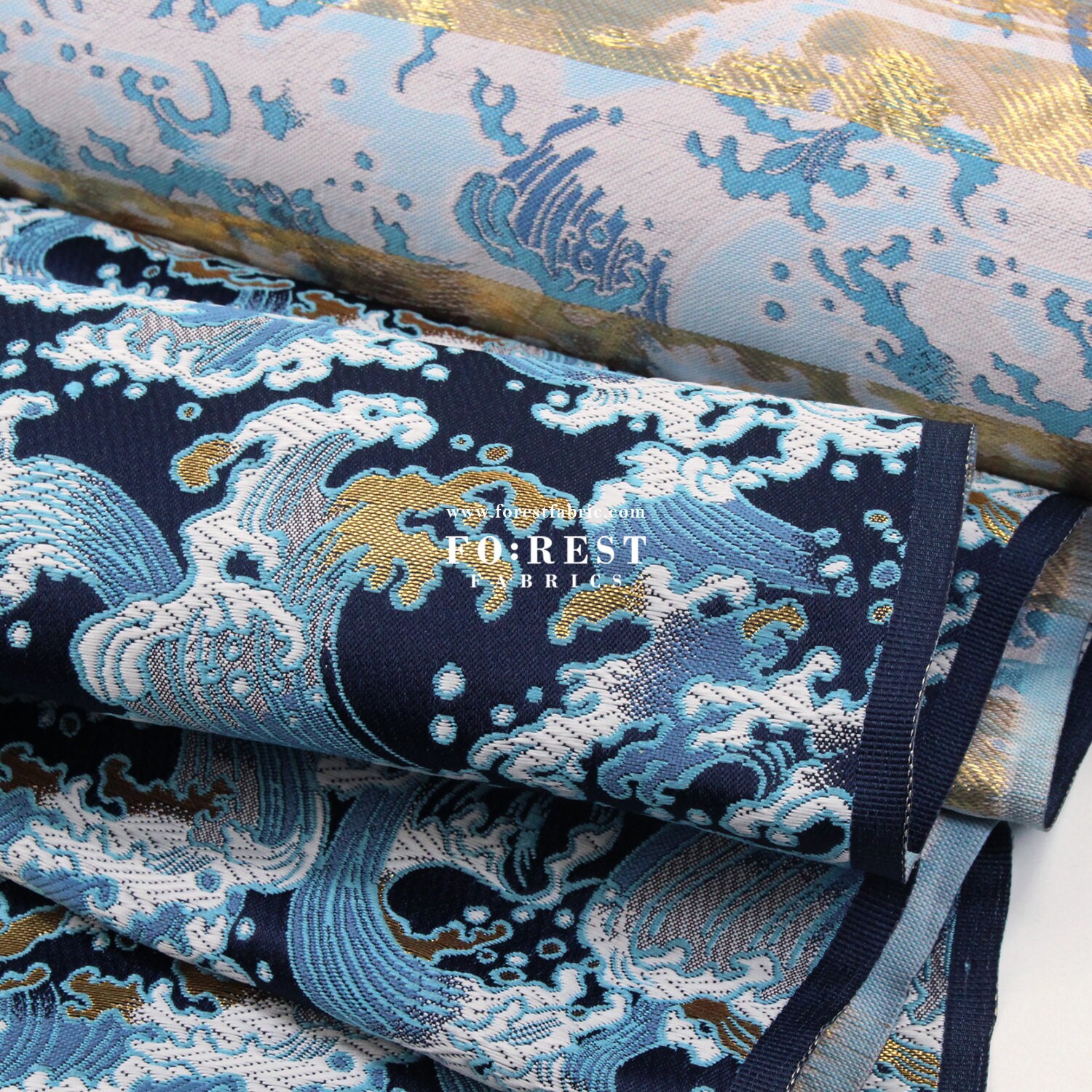Gold Brocade - Wave Japanese style KINRAN fabric Navy - 25cm