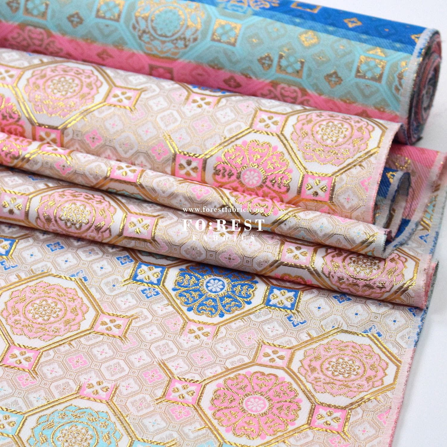 Gold Brocade - Octagon Flower Japanese Style KINRAN Fabric Snow