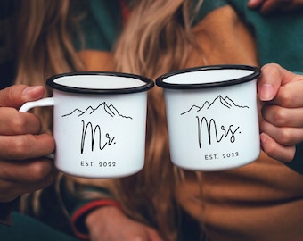 Mr Mrs Camp Mugs Mrs Mug Mr Mug Mountain Couple Personalized Gift Mugs Camping Mug Enamel Mug Future Mrs Mug Mountains Camping