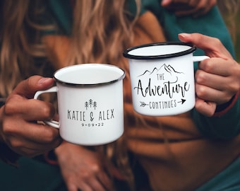 Elopement Gift Wedding Gift Adventure Continues Camp Mugs Wedding Favor Mountain Wedding Personalized Custom Wedding Gift // ONE Mug