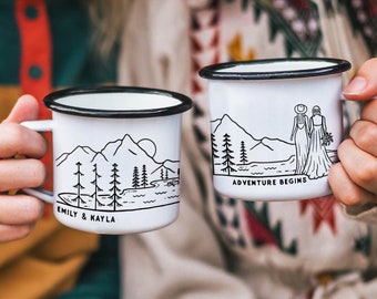 Regalos de boda para lesbianas, regalos personalizados de boda, compromiso, aniversario, taza de campamento, taza esmaltada - Novias // UNA taza de doble cara