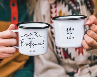 Personalized Bridesmaid Mug Bridesmaid Gift Maid of Honor Mug Mountain Wedding Trees Bridal Party Campfire Mug Bride Mug