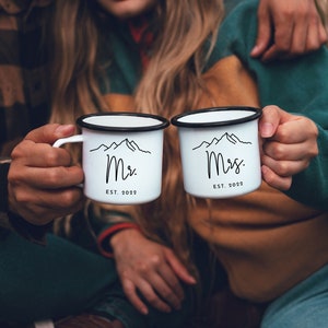 Mr and Mrs Camp Mugs Set Personalized Wedding Gifts Mr Mrs Campfire Mugs Mountains Elopement Gift