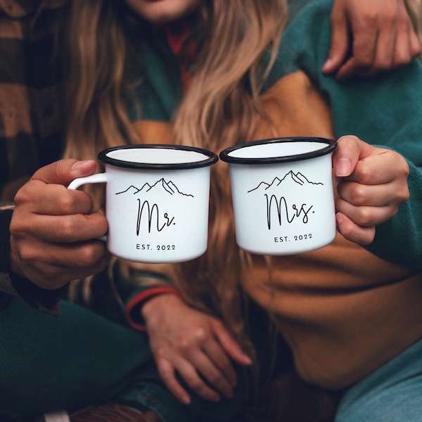 Mr and Mrs Camp Mugs Set Personalized Wedding Gifts Mr Mrs Campfire Mugs Mountains Elopement Gift