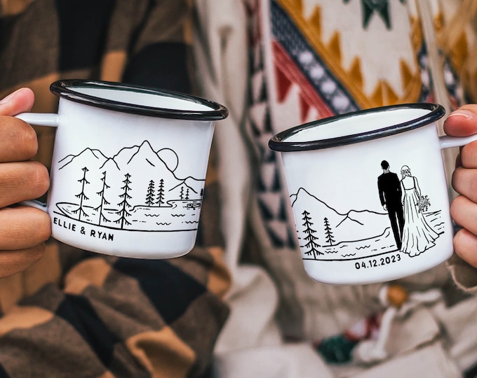 Wedding Gifts Unique Wedding Engagement Gifts Anniversary Gift Camp Cup Enamel Mug -2 Grooms / 2 Brides / Bride + Groom ONE Double Sided Mug