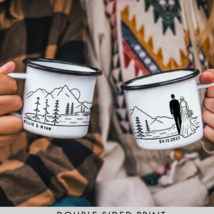 Wedding Gifts Unique Wedding Engagement Gifts Anniversary Gift Camp Cup Enamel Mug -2 Grooms / 2 Brides / Bride + Groom ONE Double Sided Mug